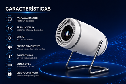 Mini Proyector Portátil Smart WiFi & Bluetooth 4K 130'', HDMI/USB/smartphone/PC