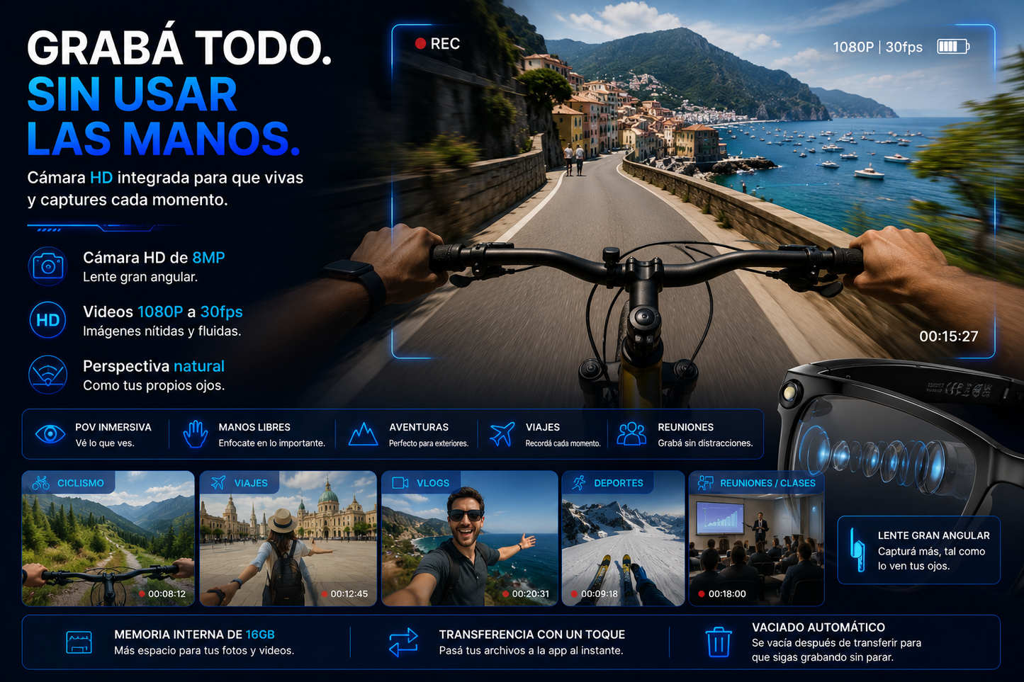 Anteojos Inteligentes con IA, Cámara HD y Traducción en Tiempo Real
