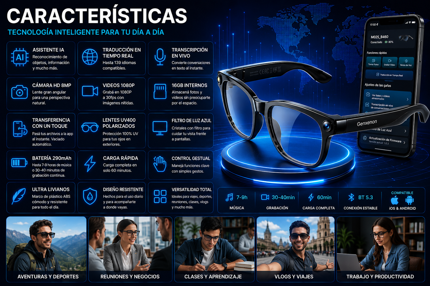 Anteojos Inteligentes con IA, Cámara HD y Traducción en Tiempo Real